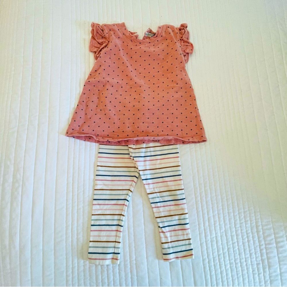 Adorable cute set of polka dot short sleeve shirt with striped pants